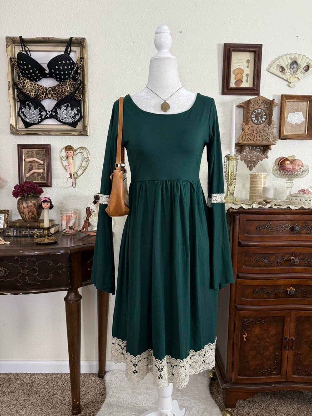 fairy grunge whimsical forest green midi length babydoll dress w flare sleeeves